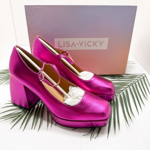 Lisa Vicky Shoes Womens Size 9 Platform Mary Jane Heels NOTICE-V Raspberry Metal - Picture 12 of 12